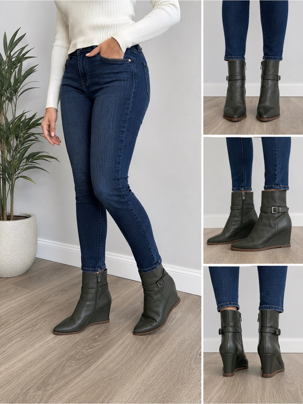 Franco Sarto Dark Olive Leather Wedge Ankle Boots